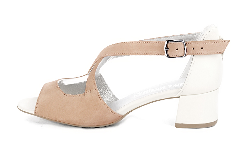 Biscuit beige and off white women's closed back sandals, with crossed straps. Round toe. Low flare heels. Profile view - Florence KOOIJMAN